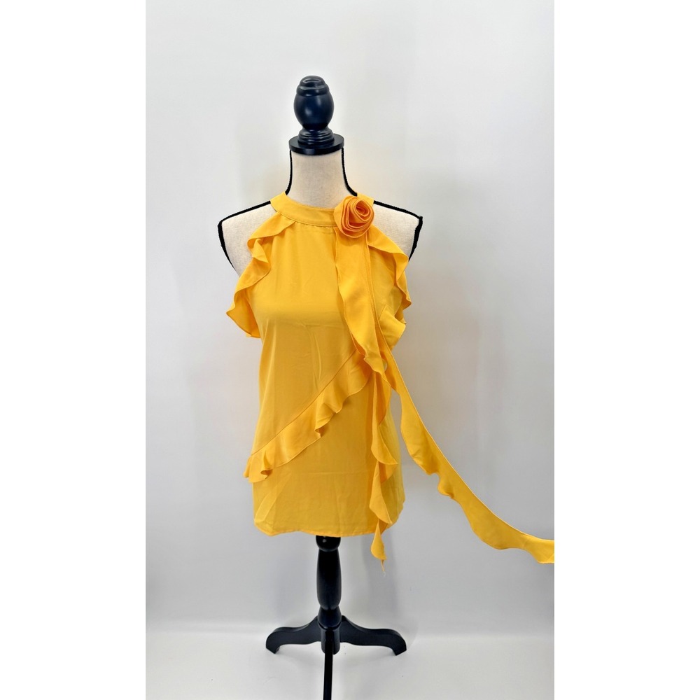 Cato Yellow Ruffled Frills Sleeveless Rosette Top XL Resortwear Tropical Boho - Picture 2 of 16